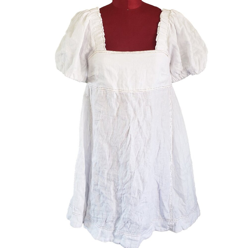 Jag Short Dress White Linen Puff Sleeves Square Neckline Back Smocking XSmall